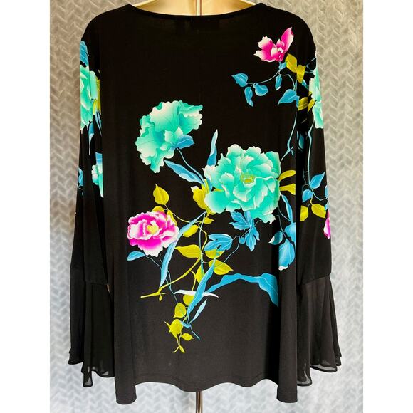 Susan Graver Liquid Knit Black & Aqua Floral Top Sheer Bell Sleeve Dressy Party - Picture 6 of 6